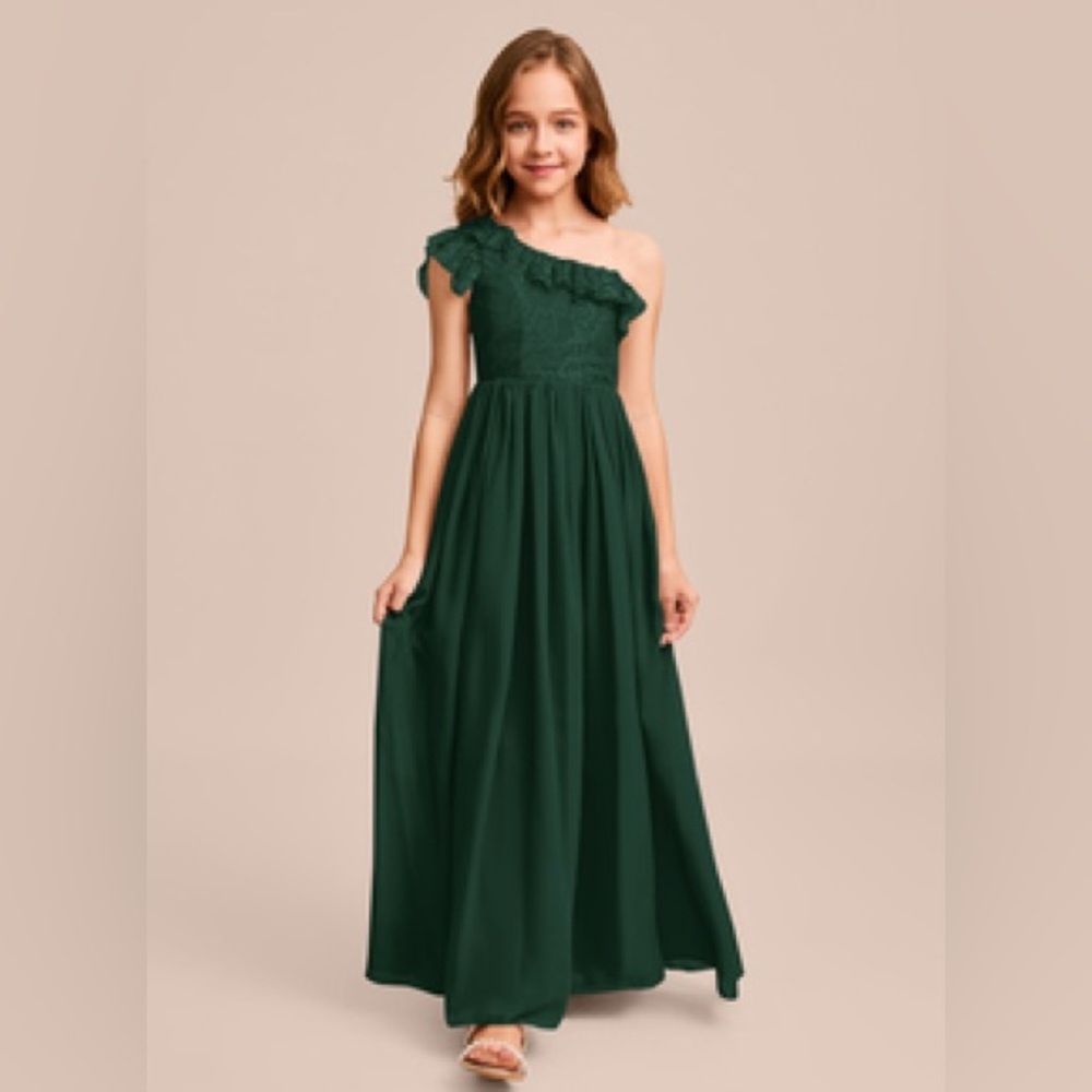JJs House Forest Green One-Shoulder Kids Dress